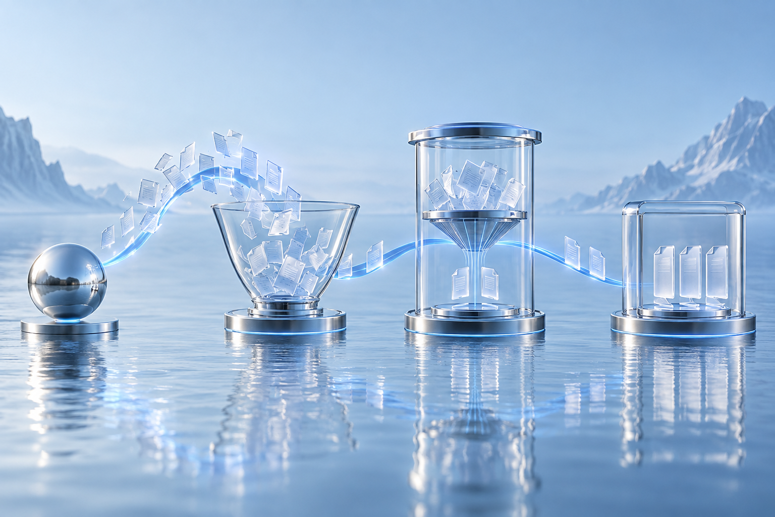 Four glass stations connected by a blue ribbon, showing a question becoming gathered evidence, relevant connections, and an organised explanation.
