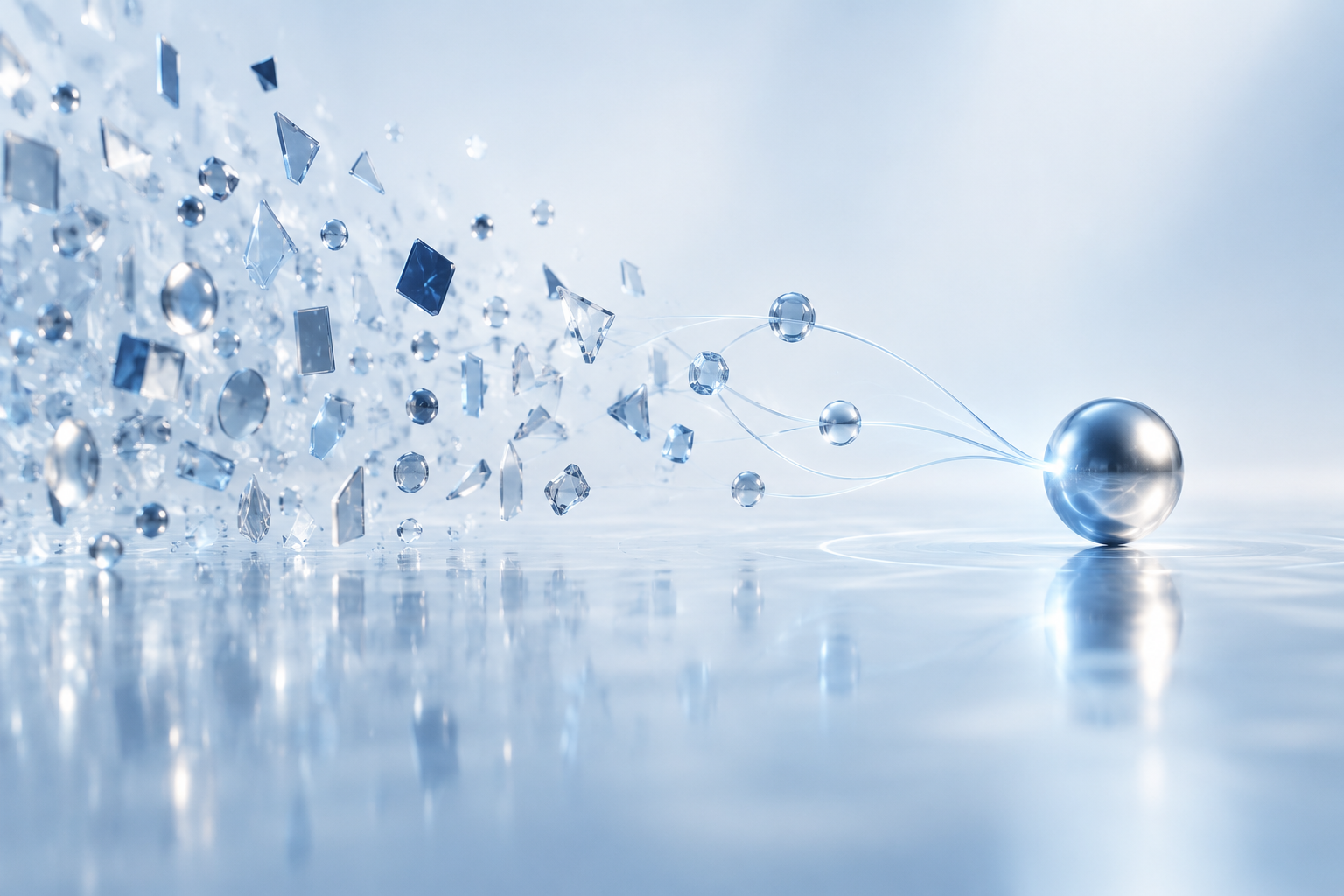 Scattered glass fragments resolve into luminous blue connections around one polished sphere, representing information becoming relevant to one person.