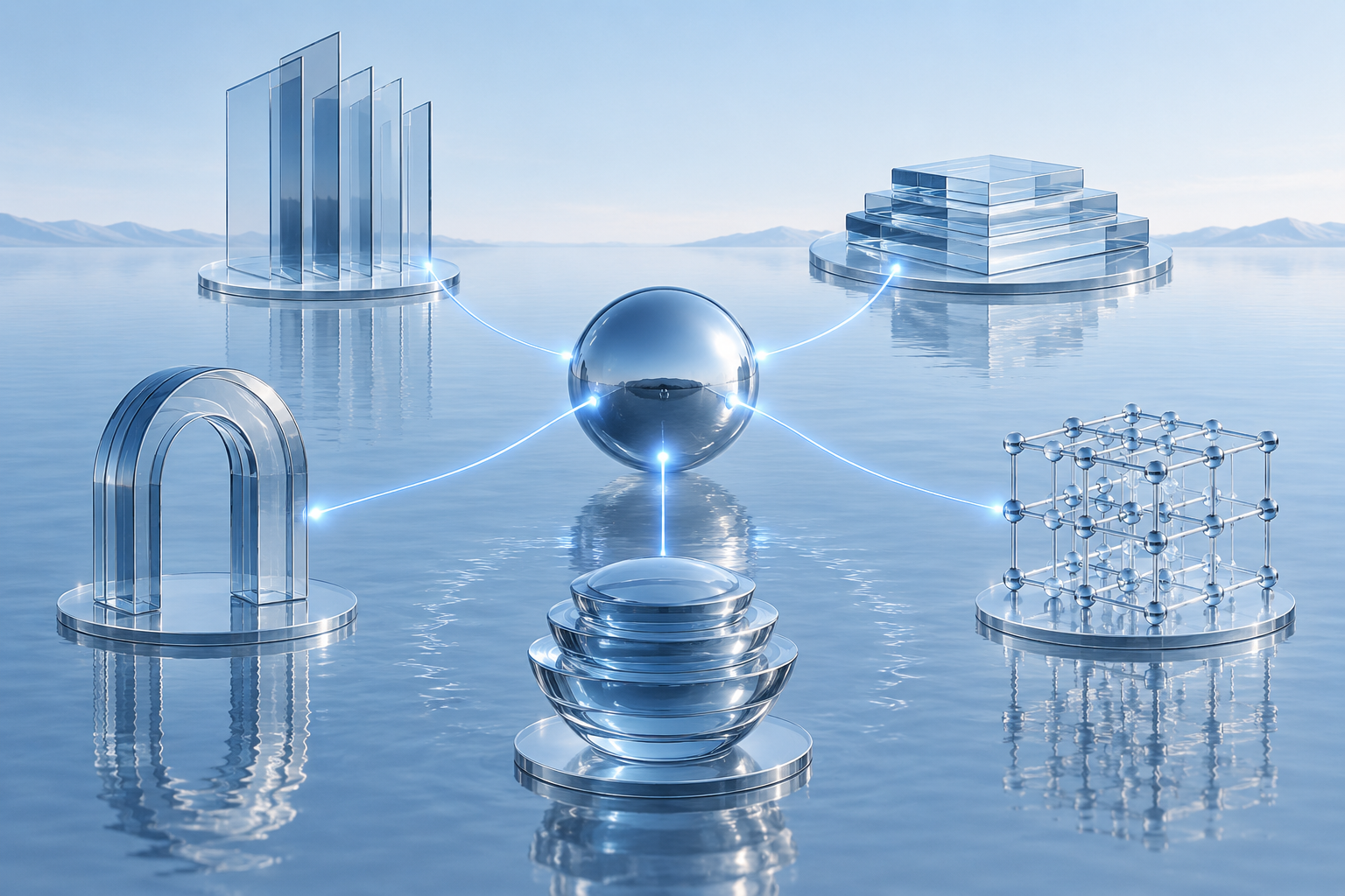 One central silver-blue sphere connects to five distinct glass forms, representing possible applications of a shared knowledge engine.