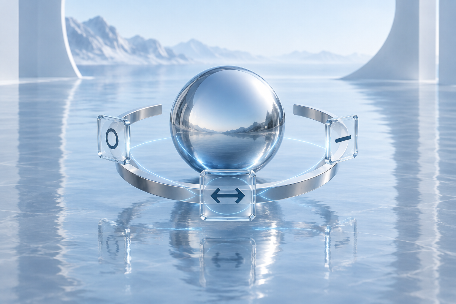A silver-blue personal sphere sits inside a protective open ring with three surrounding glass panels, representing control over shared context.