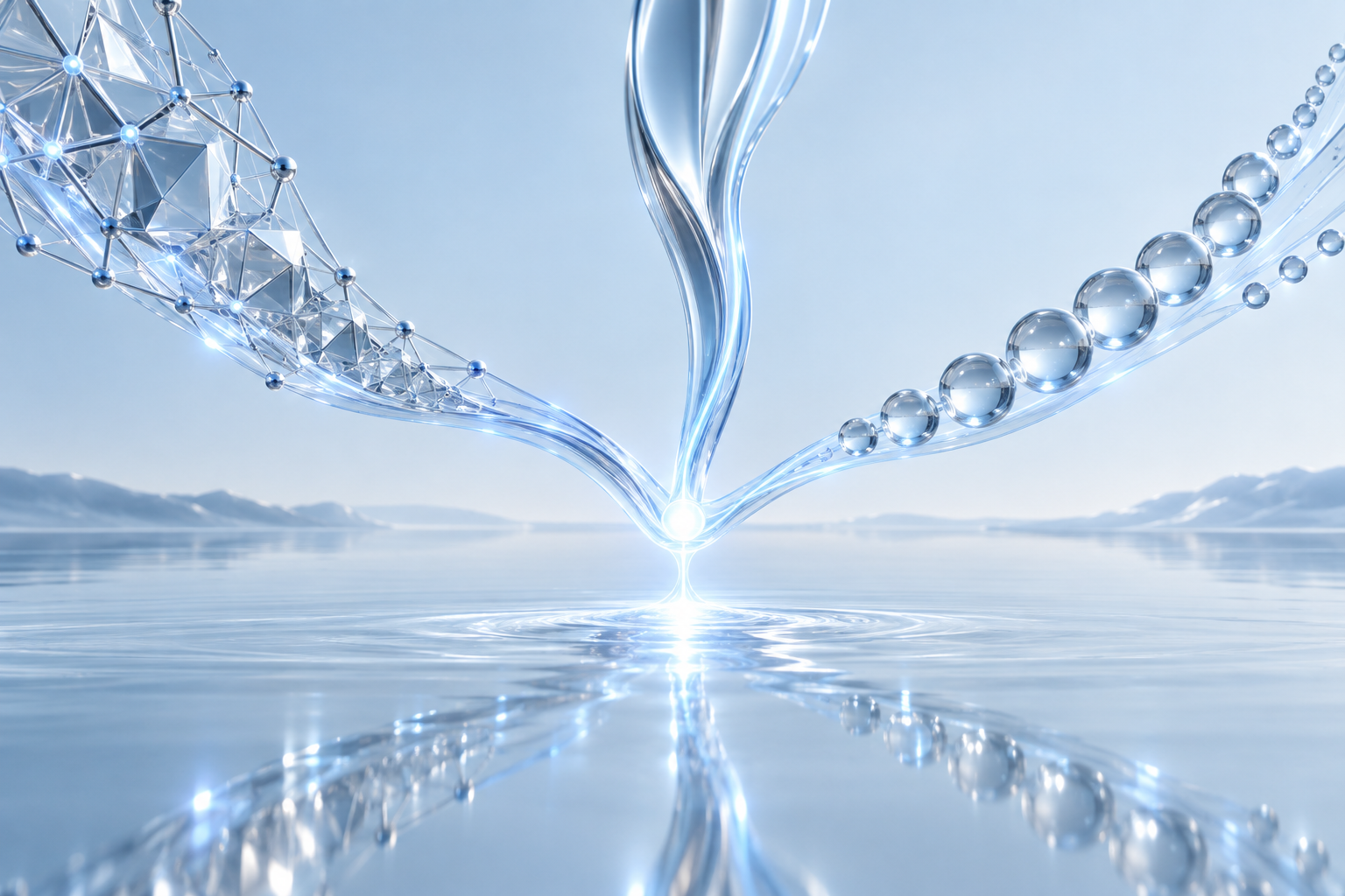 Three luminous silver-blue streams converge into one connection, representing capability, cost, and adoption coming together.